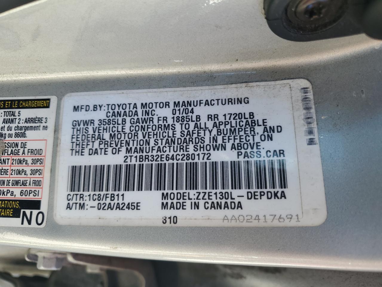 2004 Toyota Corolla Ce VIN: 2T1BR32E64C280172 Lot: 84940005