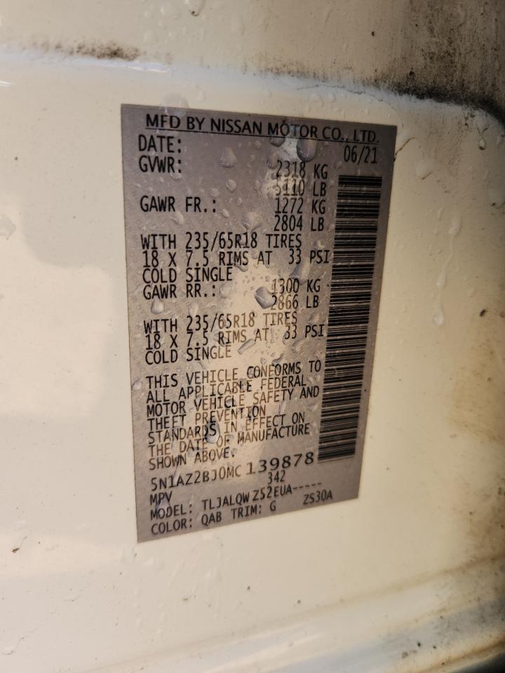 2021 Nissan Murano Sv VIN: 5N1AZ2BJ0MC139878 Lot: 86508395