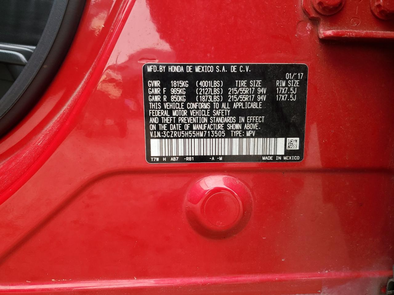 2017 Honda Hr-V Ex VIN: 3CZRU5H55HM713505 Lot: 86112775