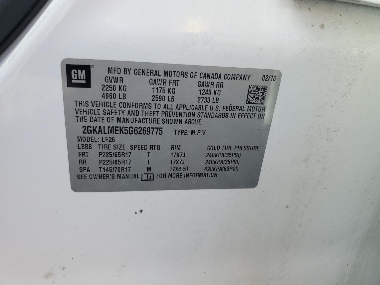 2016 GMC Terrain Sle VIN: 2GKALMEK5G6269775 Lot: 82416295