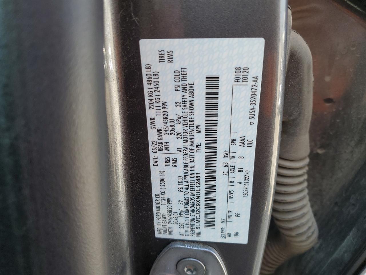 2022 Lincoln Corsair Reserve VIN: 5LMCJ2C9XNUL12481 Lot: 86089405