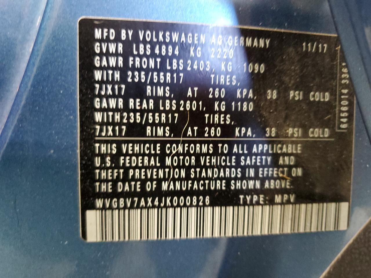 2018 Volkswagen Tiguan Limited VIN: WVGBV7AX4JK000826 Lot: 85541545