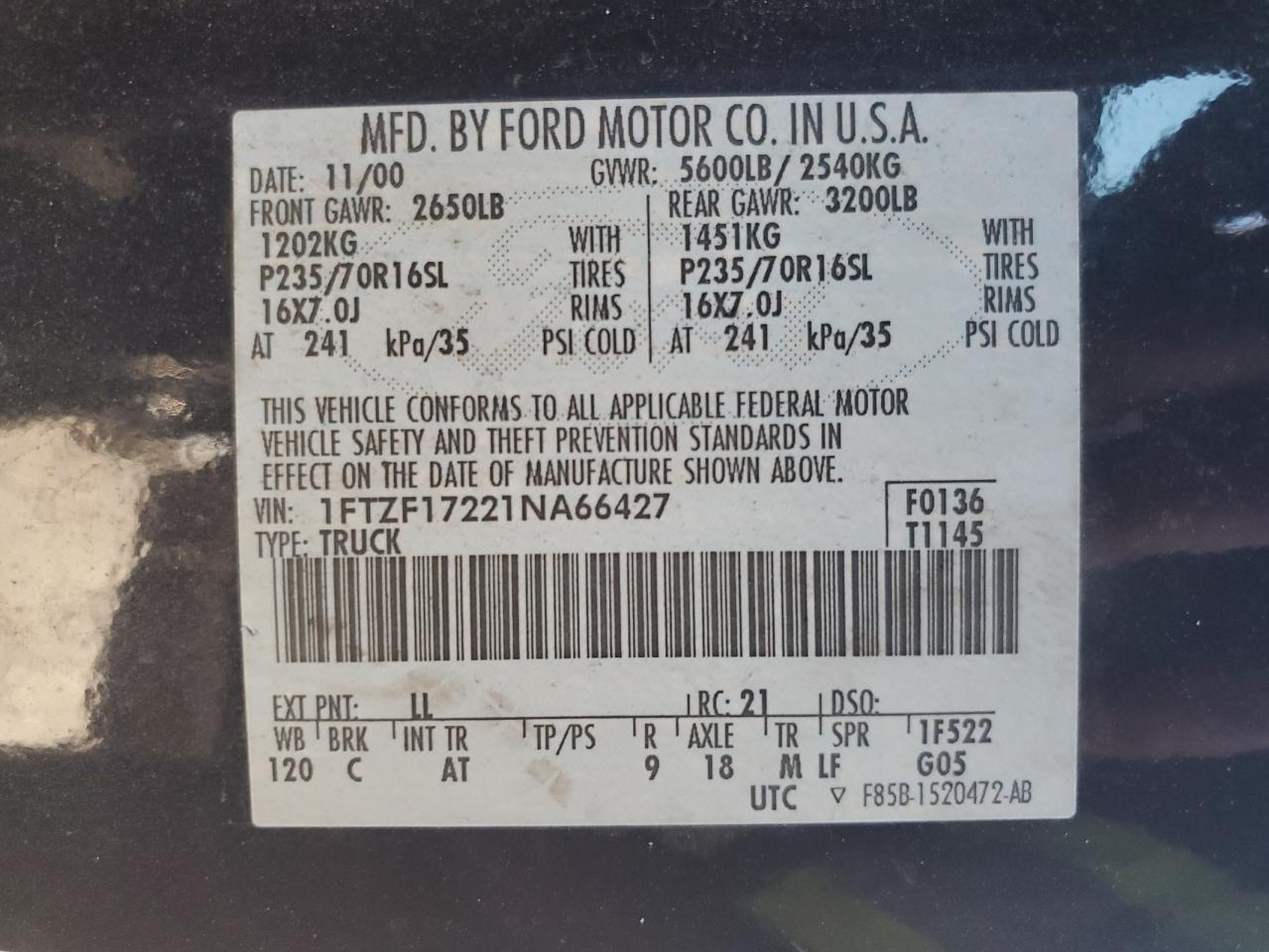 2001 Ford F150 VIN: 1FTZF17221NA66427 Lot: 86074955