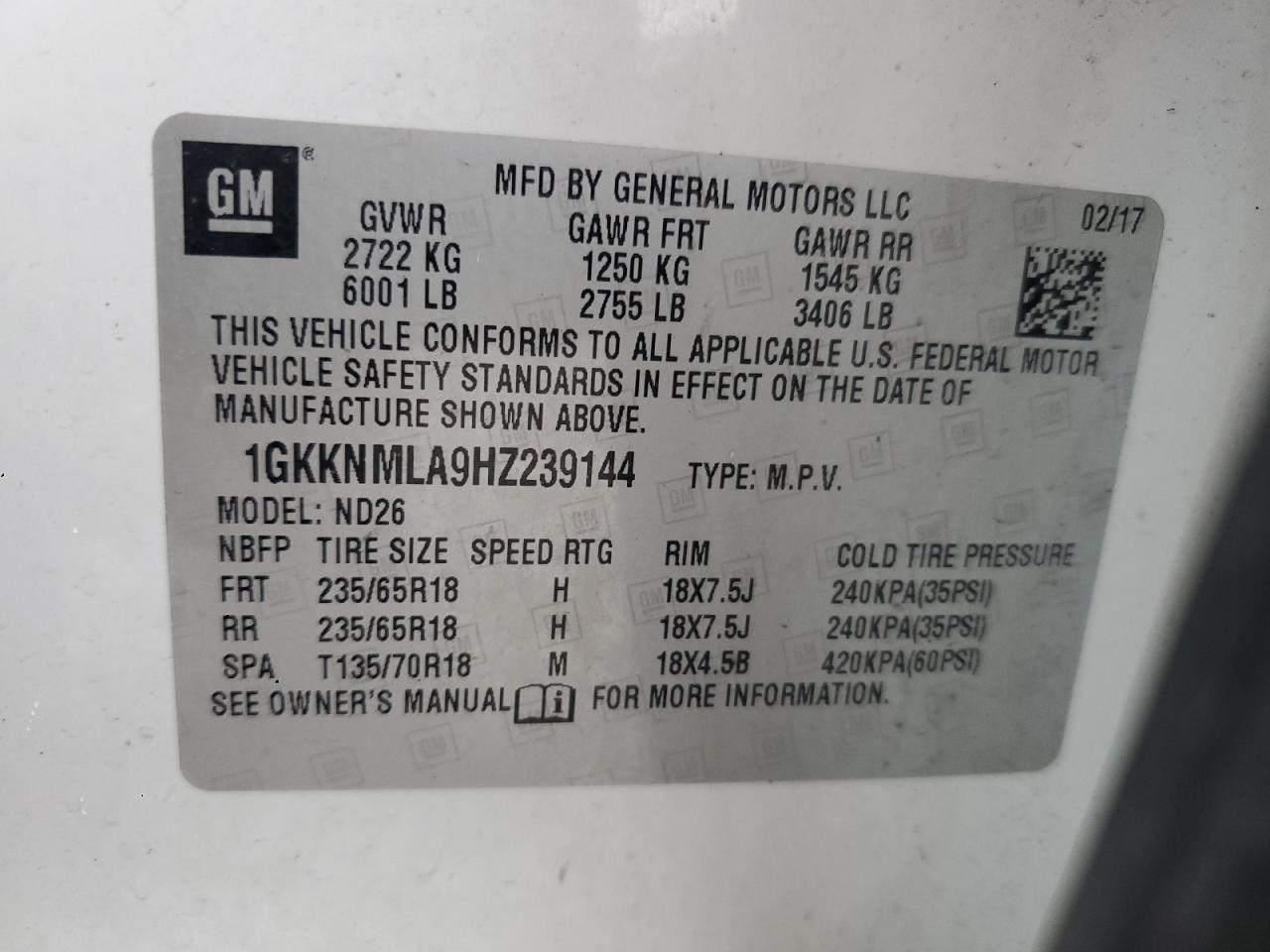 2017 GMC Acadia Slt-1 VIN: 1GKKNMLA9HZ239144 Lot: 90007375