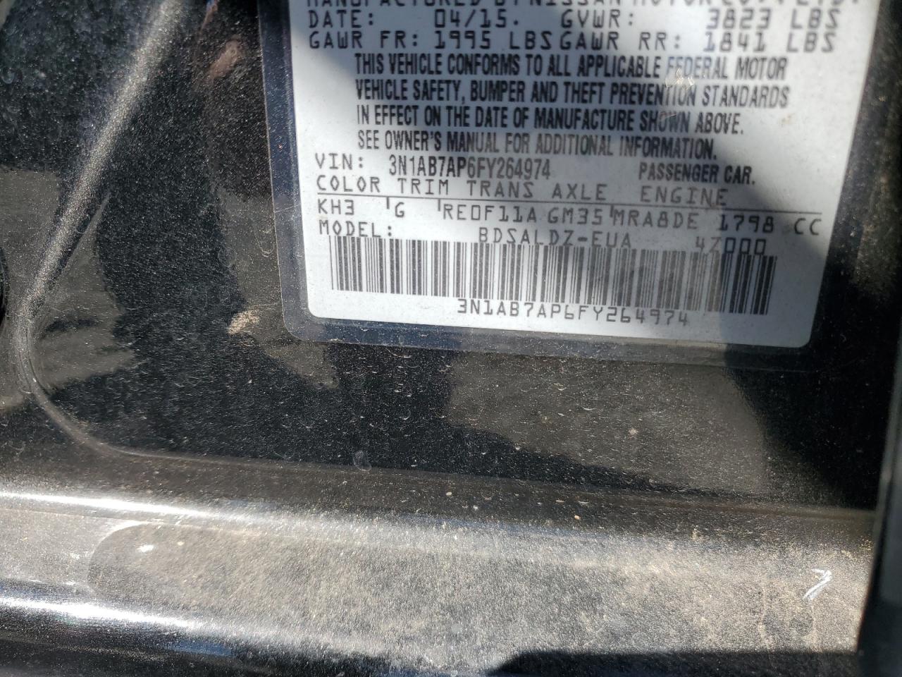 2015 Nissan Sentra S VIN: 3N1AB7AP6FY264974 Lot: 86291025