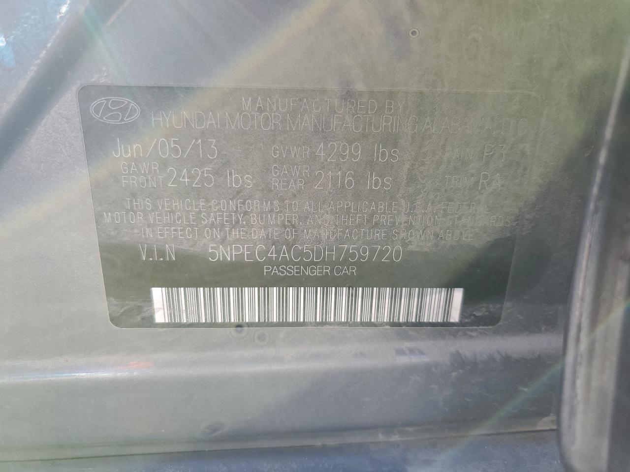 2013 Hyundai Sonata Se VIN: 5NPEC4AC5DH759720 Lot: 86159745