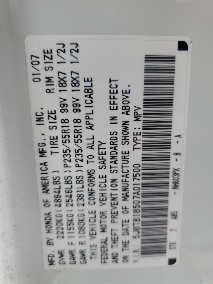 2007 Acura Rdx Technology VIN: 5J8TB18507A017500 Lot: 82180495