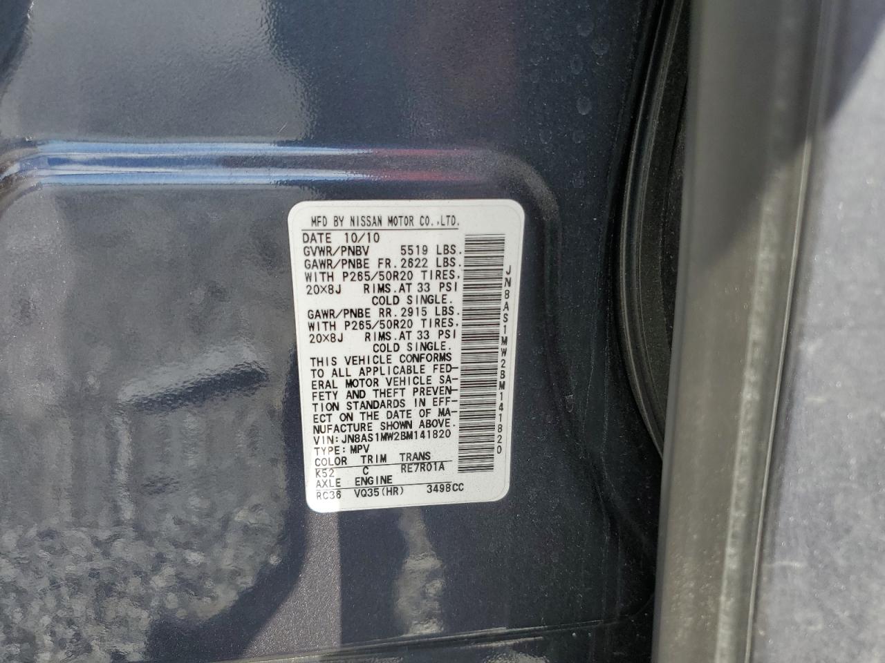 2011 Infiniti Fx35 VIN: JN8AS1MW2BM141820 Lot: 85002105