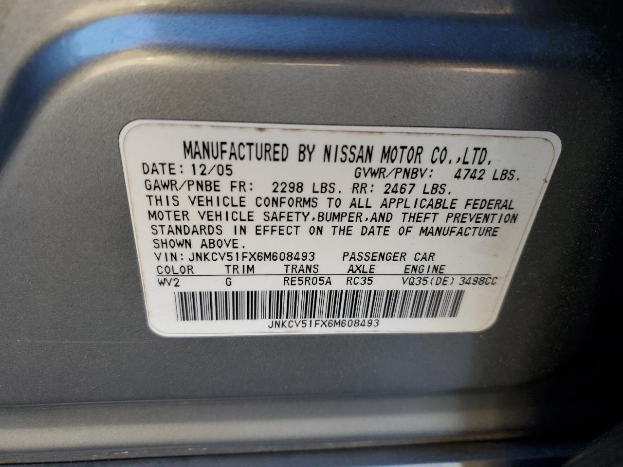 2006 Infiniti G35 VIN: JNKCV51FX6M608493 Lot: 86243335