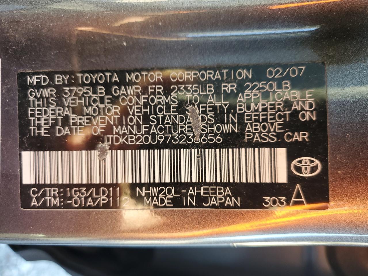 2007 Toyota Prius VIN: JTDKB20U973236656 Lot: 85331495