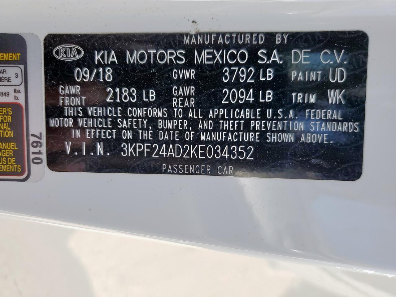 2019 Kia Forte Fe VIN: 3KPF24AD2KE034352 Lot: 84595975
