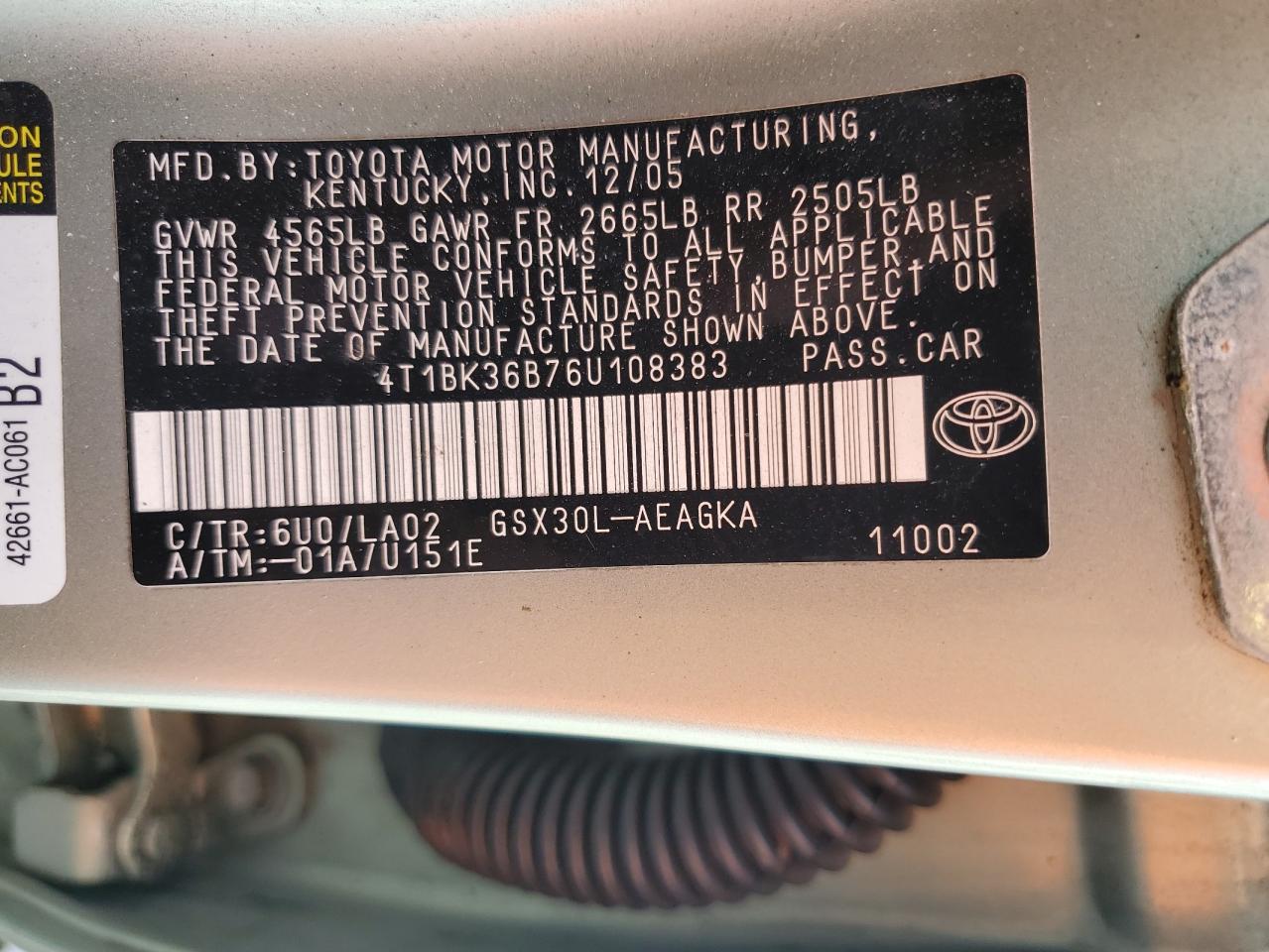 2006 Toyota Avalon Xl VIN: 4T1BK36B76U108383 Lot: 90610905