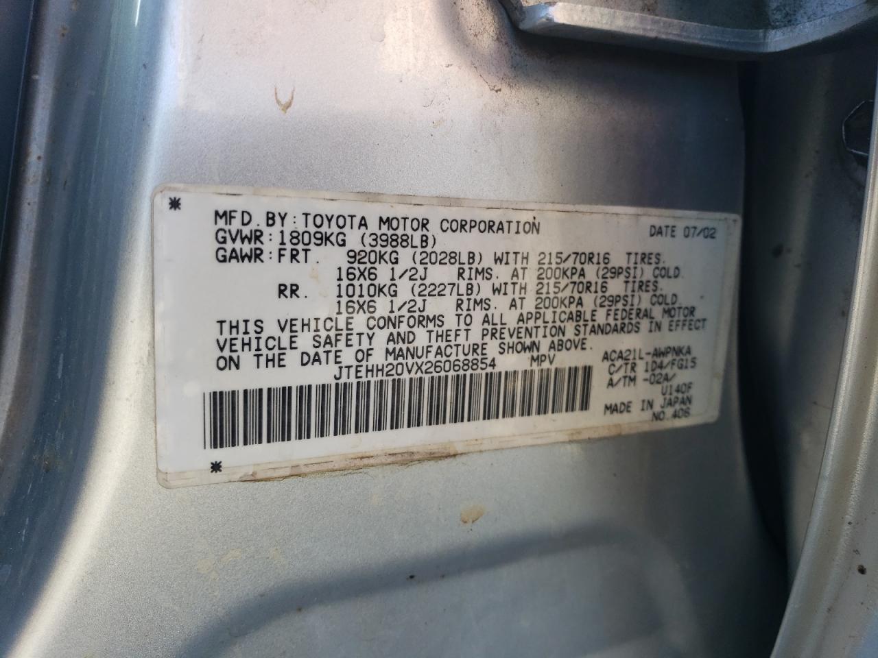 2002 Toyota Rav4 VIN: JTEHH20VX26068854 Lot: 86893195