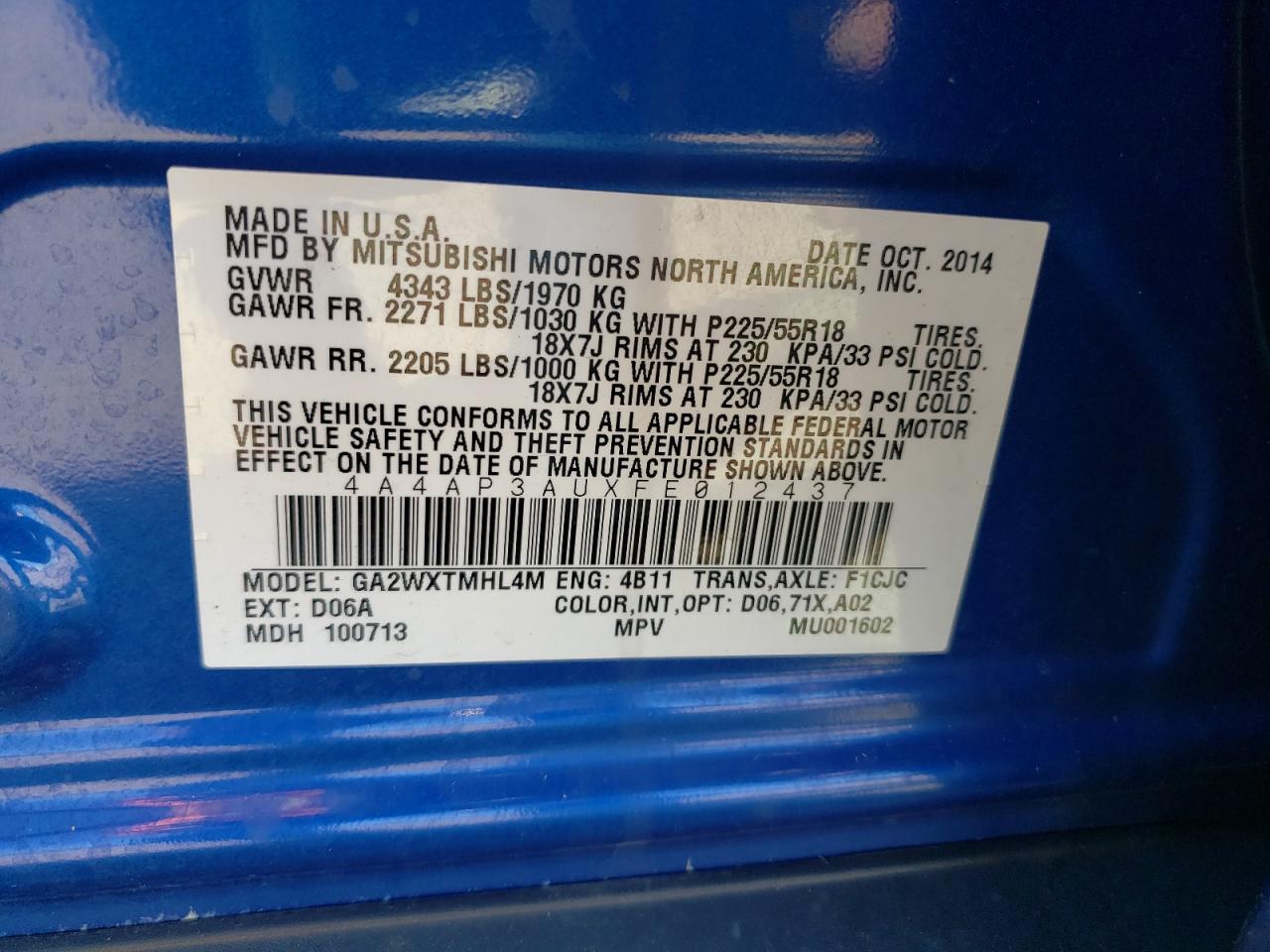 2015 Mitsubishi Outlander Sport Es VIN: 4A4AP3AUXFE012437 Lot: 82386175