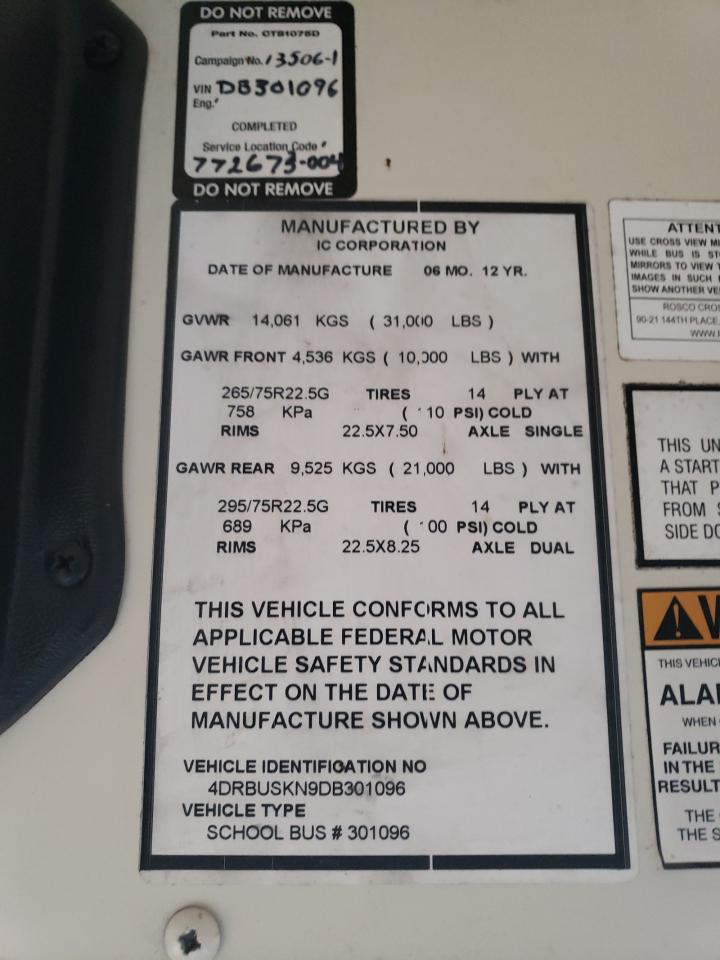 2013 Ic Corporation Ce Series School - School Bus VIN: 4DRBUSKN9DB301096 Lot: 87103795