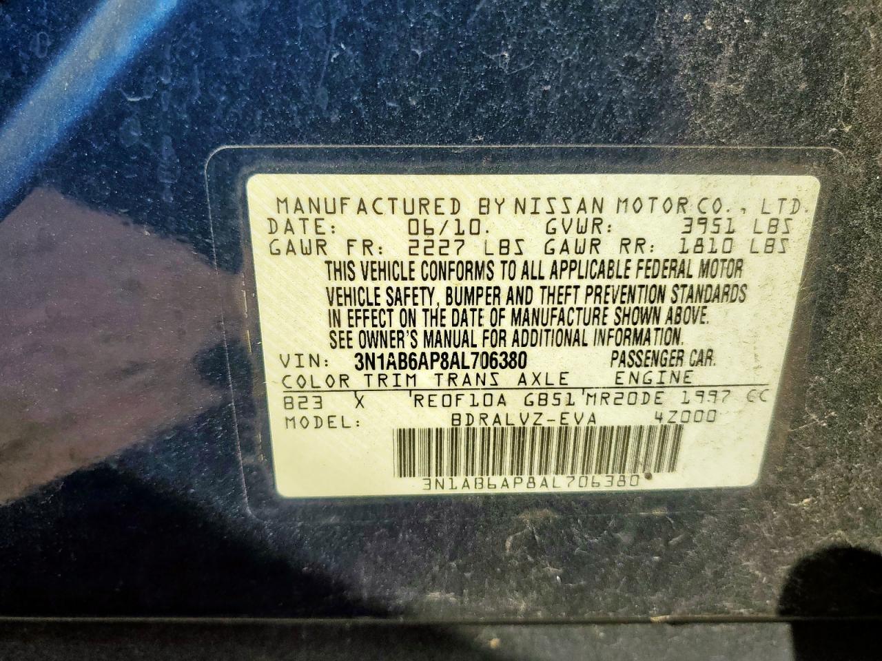 2010 Nissan Sentra 2.0 VIN: 3N1AB6AP8AL706380 Lot: 85702225