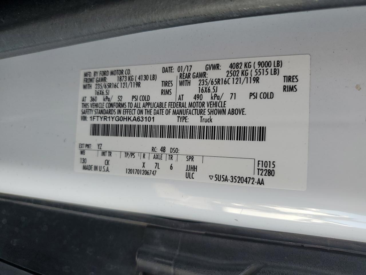 2017 Ford Transit T-250 VIN: 1FTYR1YG0HKA63101 Lot: 86881715