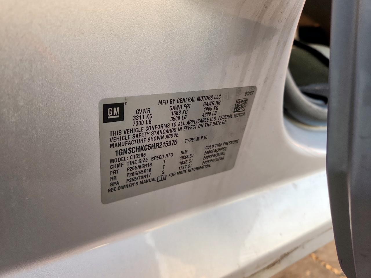 2017 Chevrolet Suburban C1500 Lt VIN: 1GNSCHKC5HR215975 Lot: 82184525