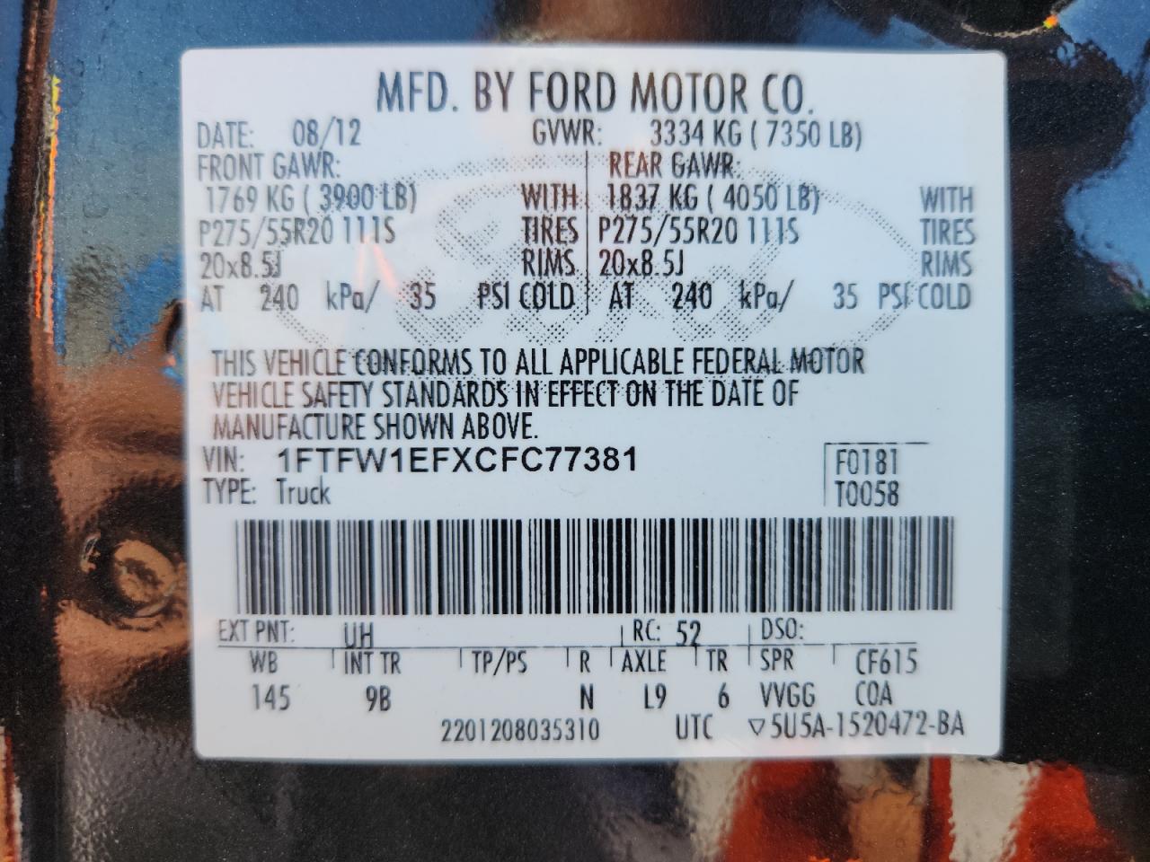 2012 Ford F150 Supercrew VIN: 1FTFW1EFXCFC77381 Lot: 82560535