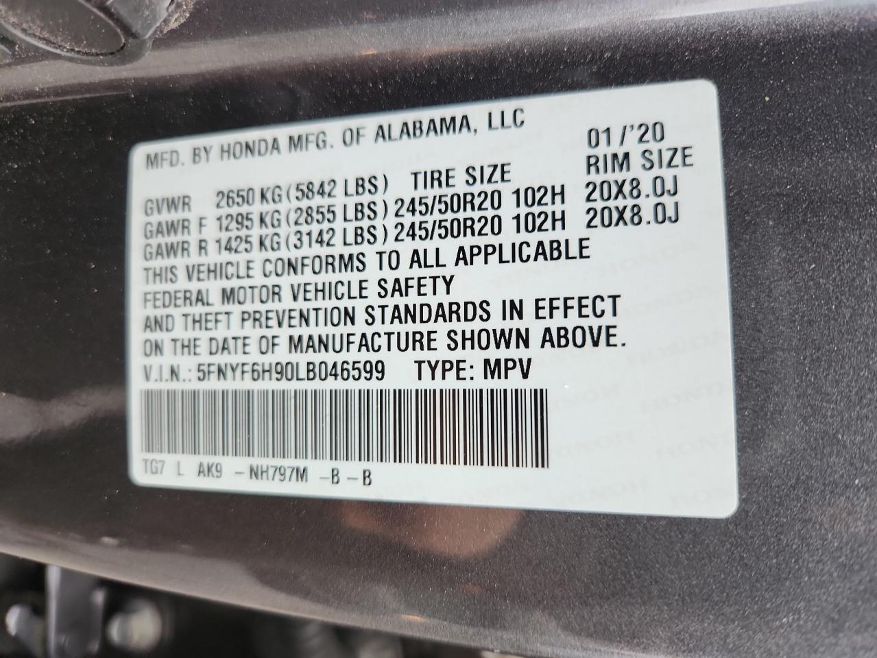 2020 Honda Pilot Touring VIN: 5FNYF6H90LB046599 Lot: 85332205