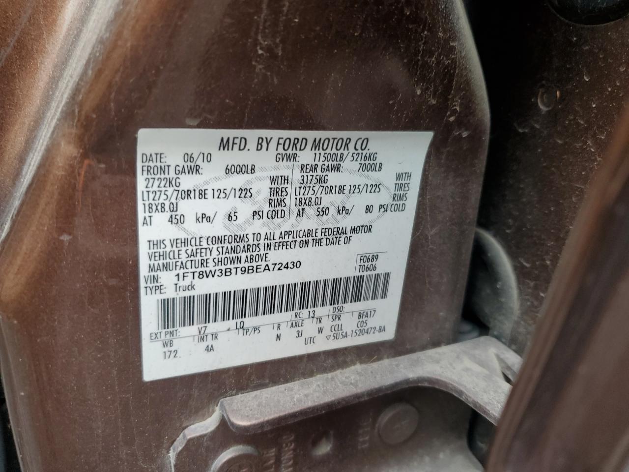 2011 Ford F350 Super Duty VIN: 1FT8W3BT9BEA72430 Lot: 86830965