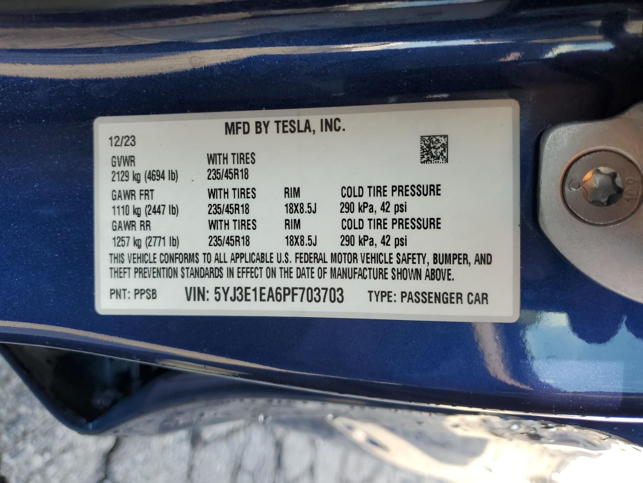 2023 Tesla Model 3 VIN: 5YJ3E1EA6PF703703 Lot: 86488255