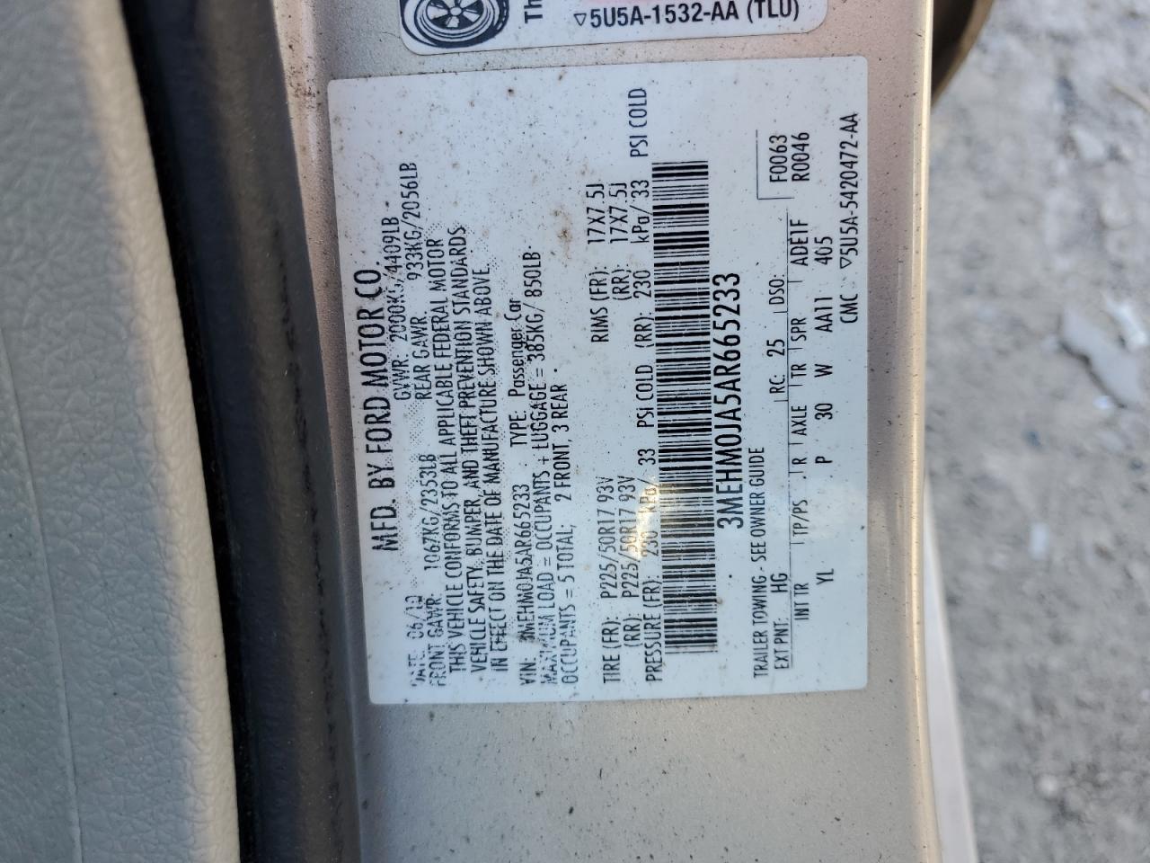 2010 Mercury Milan Premier VIN: 3MEHM0JA5AR665233 Lot: 82412705