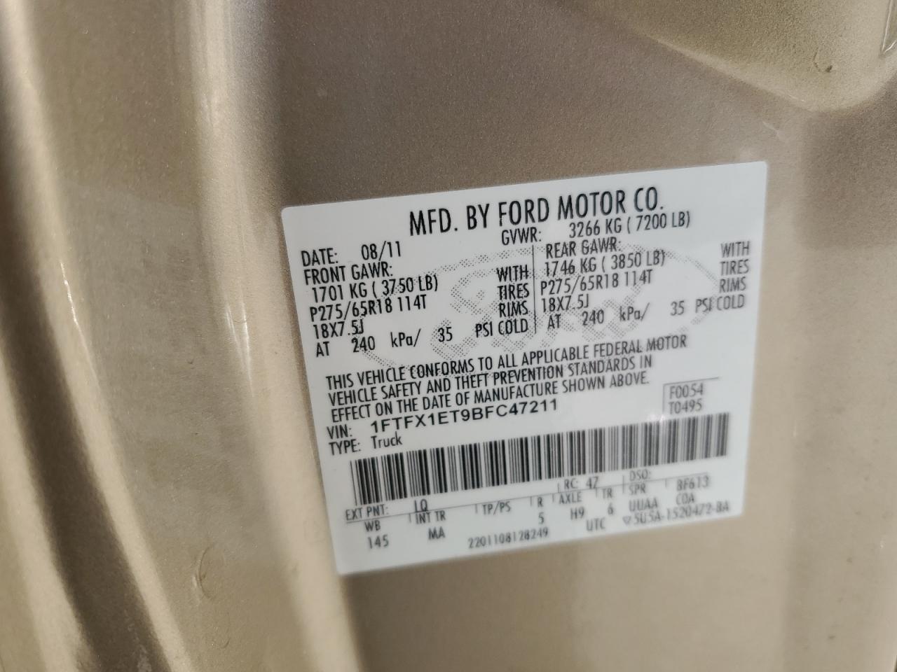 2011 Ford F150 Super Cab VIN: 1FTFX1ET9BFC47211 Lot: 90366235