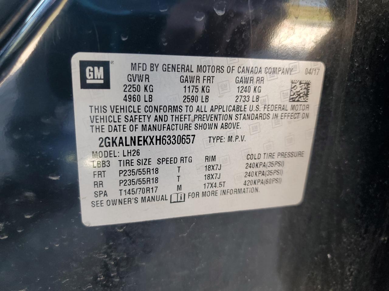 2017 GMC Terrain Sle VIN: 2GKALNEKXH6330657 Lot: 82396885