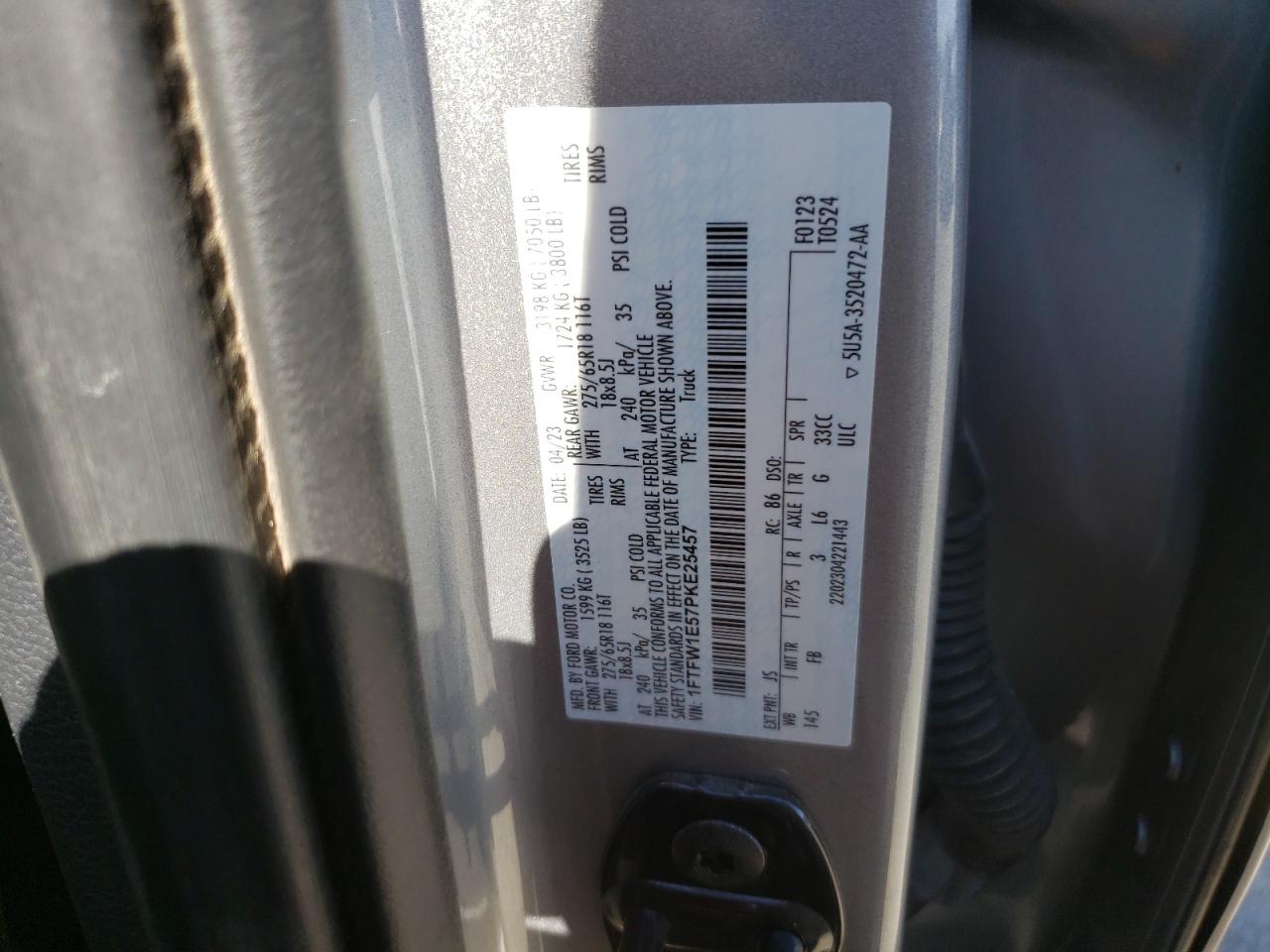 2023 Ford F150 Supercrew VIN: 1FTFW1E57PKE25457 Lot: 85339505