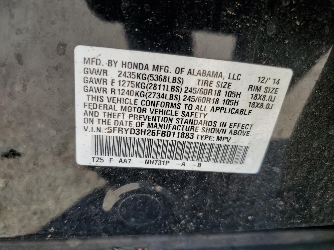 2015 Acura Mdx VIN: 5FRYD3H26FB011883 Lot: 82271605