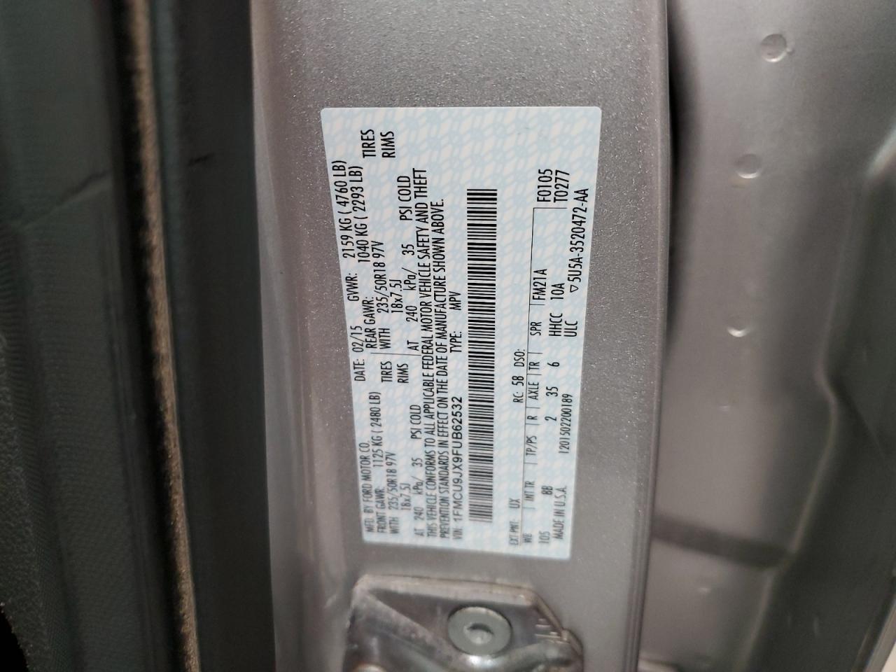 2015 Ford Escape Titanium VIN: 1FMCU9JX9FUB62532 Lot: 85911375