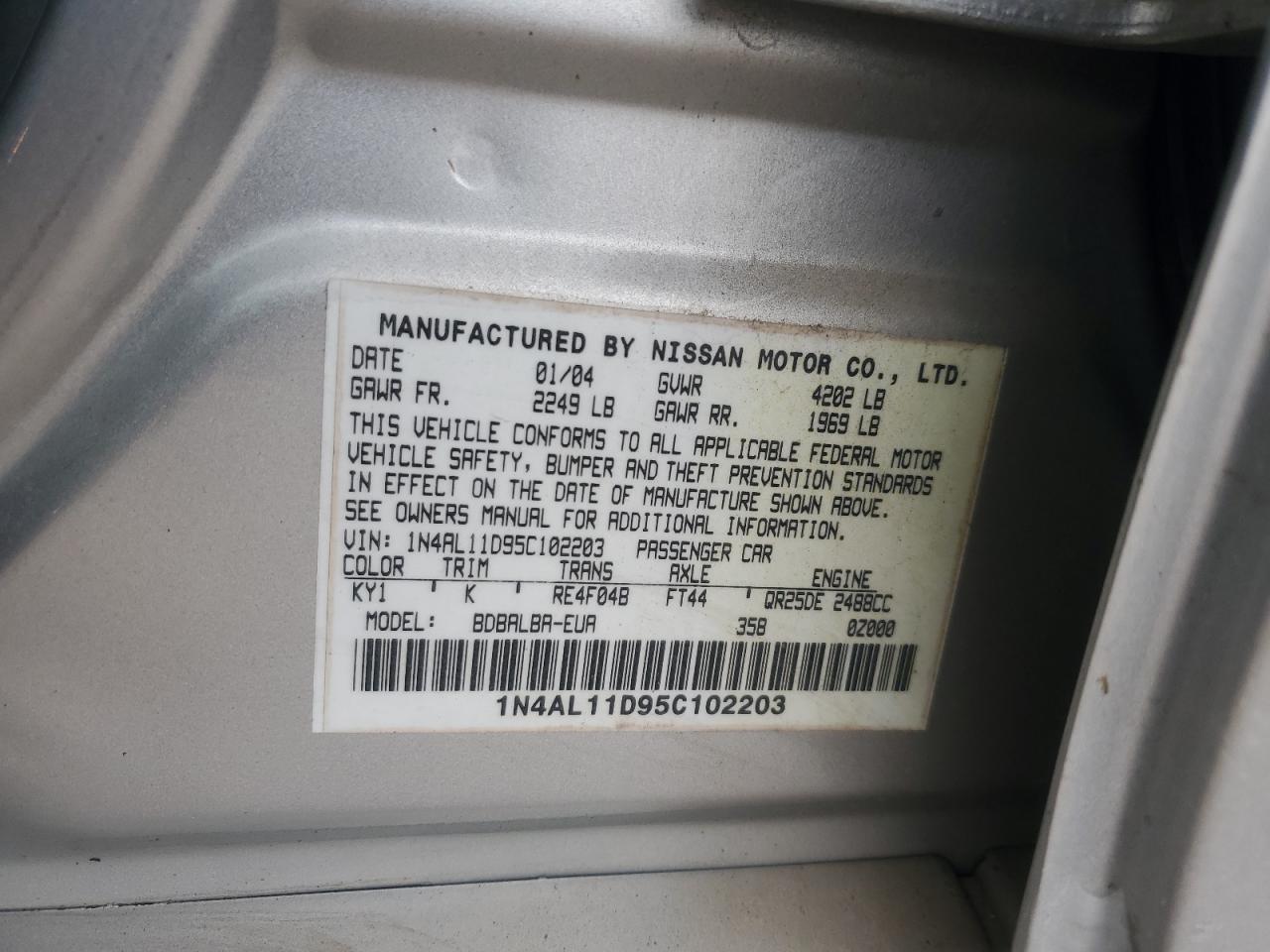 2005 Nissan Altima S VIN: 1N4AL11D95C102203 Lot: 90743275