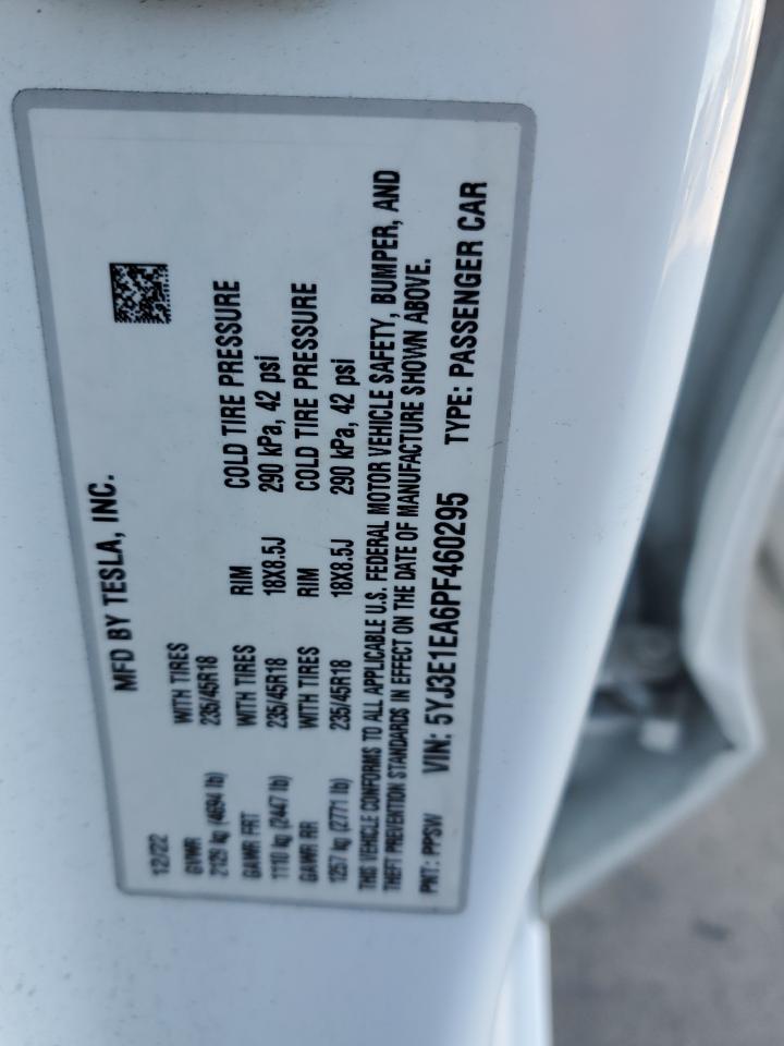 2022 Tesla Model 3 VIN: 5YJ3E1EA6PF460295 Lot: 90083165