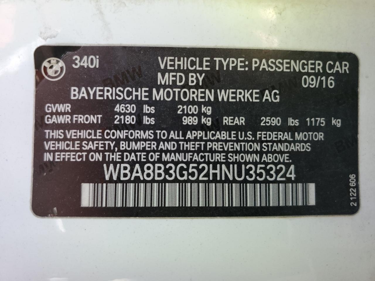 2017 BMW 340 I VIN: WBA8B3G52HNU35324 Lot: 85090415