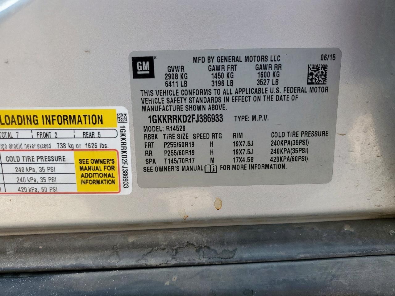 2015 GMC Acadia Slt-1 VIN: 1GKKRRKD2FJ386933 Lot: 85696405