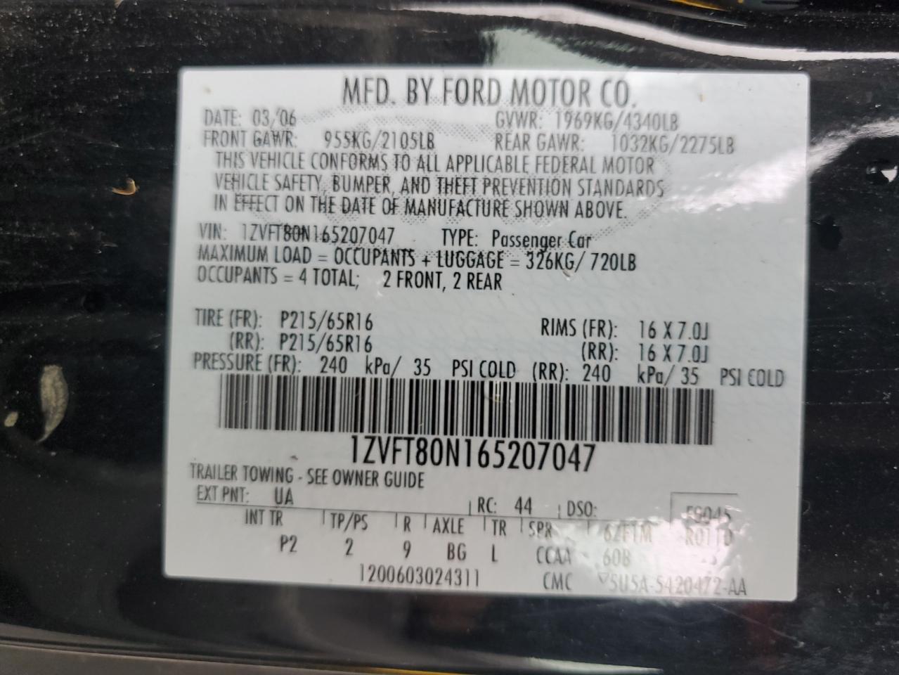 2006 Ford Mustang VIN: 1ZVFT80N165207047 Lot: 85732265