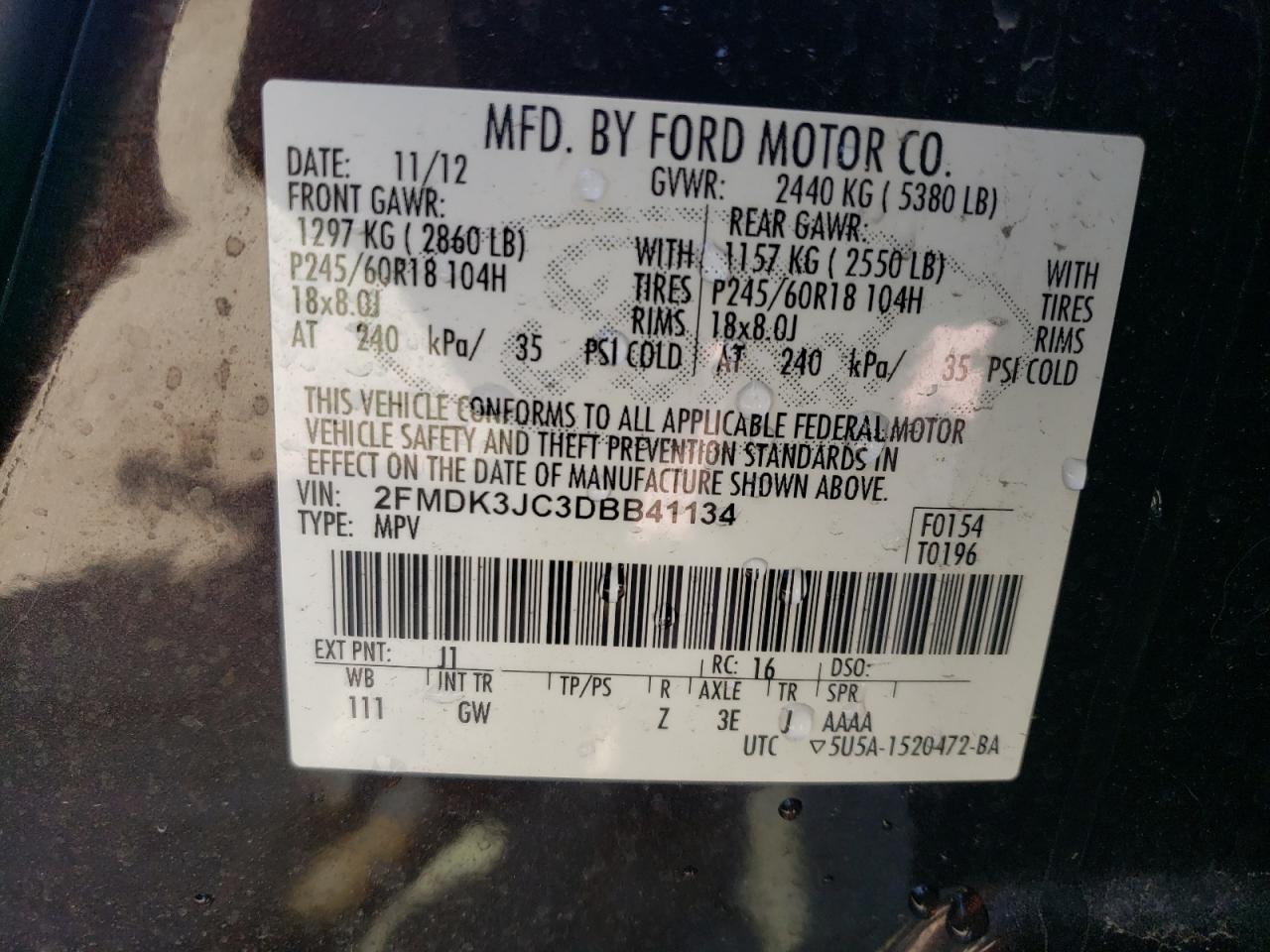 2013 Ford Edge Sel VIN: 2FMDK3JC3DBB41134 Lot: 85309125