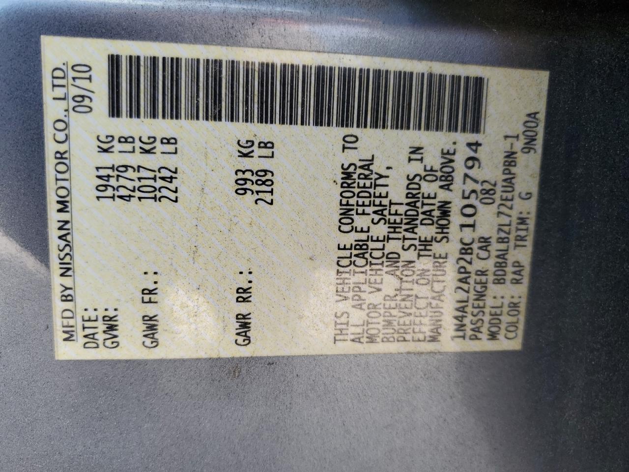 2011 Nissan Altima Base VIN: 1N4AL2AP2BC105794 Lot: 85781095