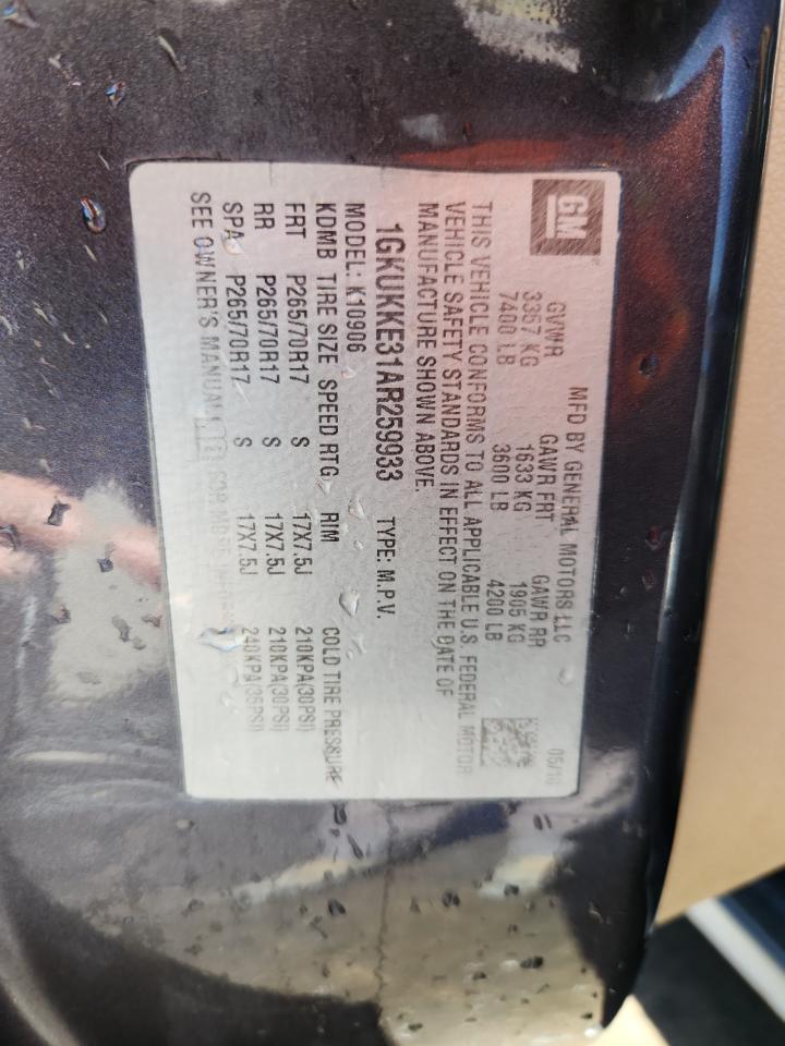 2010 GMC Yukon Xl K1500 Slt VIN: 1GKUKKE31AR259933 Lot: 85289995