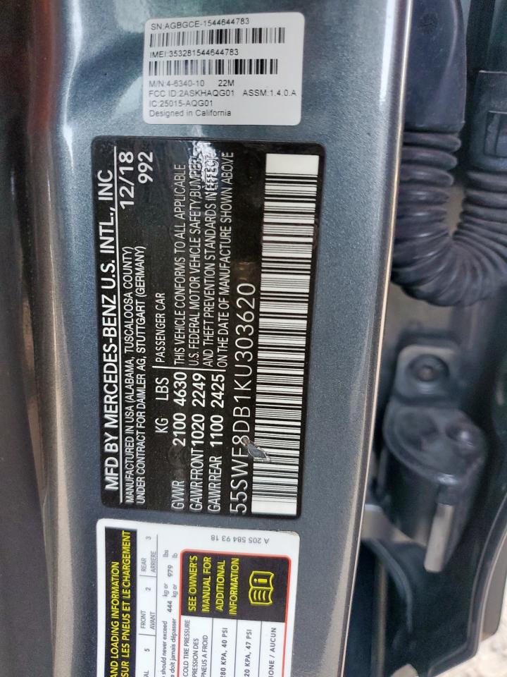 2019 Mercedes-Benz C 300 VIN: 55SWF8DB1KU303620 Lot: 85375915