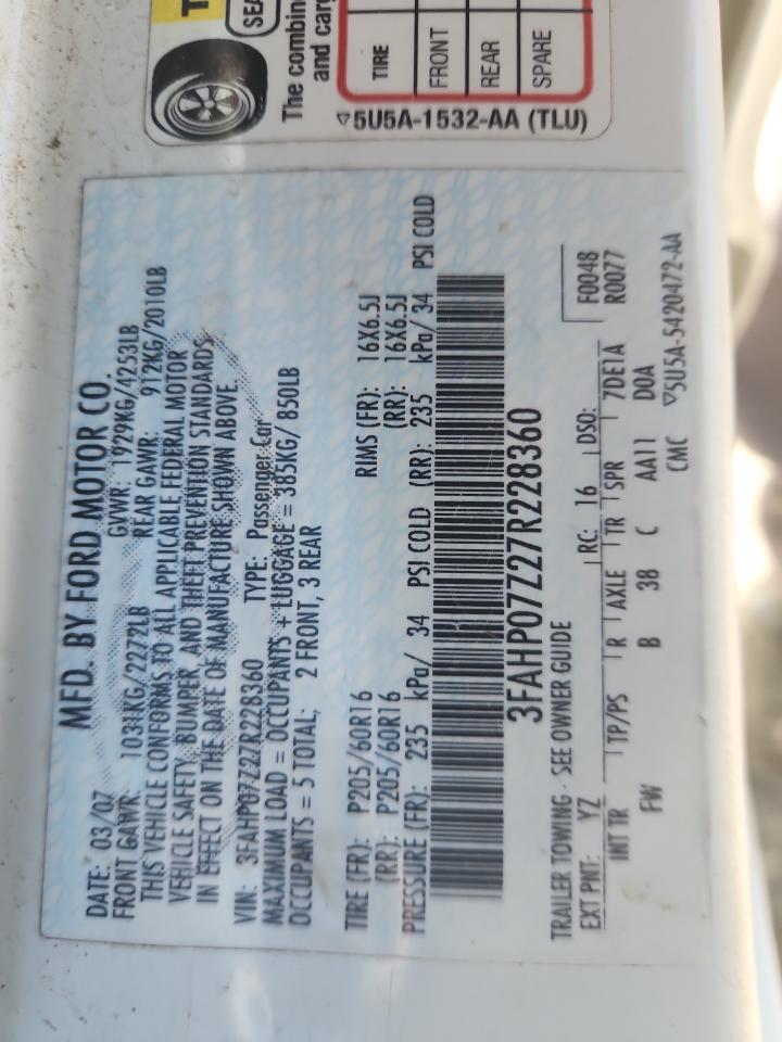 2007 Ford Fusion Se VIN: 3FAHP07Z27R228360 Lot: 90504285