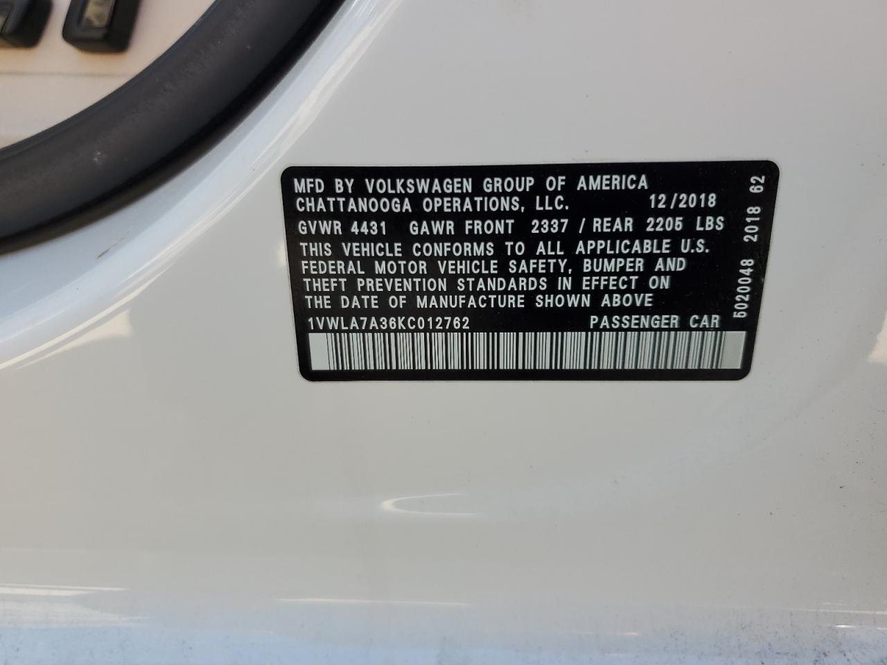 2019 Volkswagen Passat Wolfsburg VIN: 1VWLA7A36KC012762 Lot: 86829715