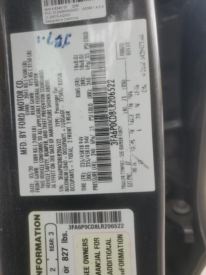 2020 Ford Fusion Sel VIN: 3FA6P0CD8LR206522 Lot: 85361815