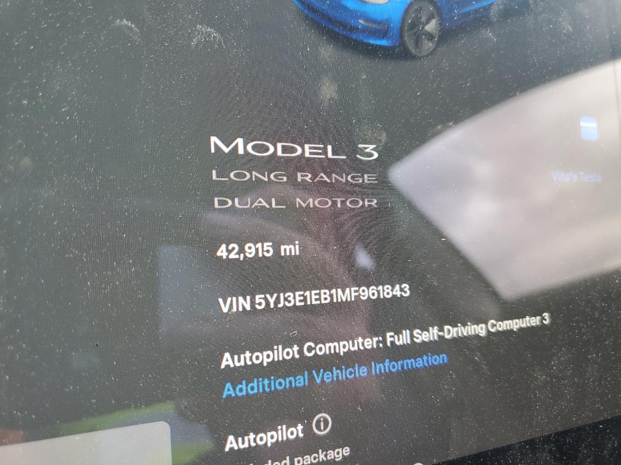 2021 Tesla Model 3 VIN: 5YJ3E1EB1MF961843 Lot: 90862615