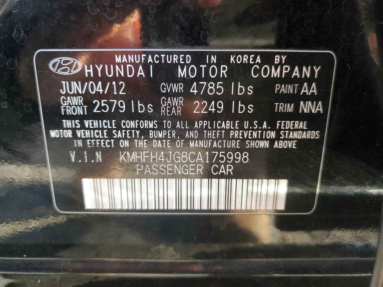 2012 Hyundai Azera Gls VIN: KMHFH4JG8CA175998 Lot: 82522865