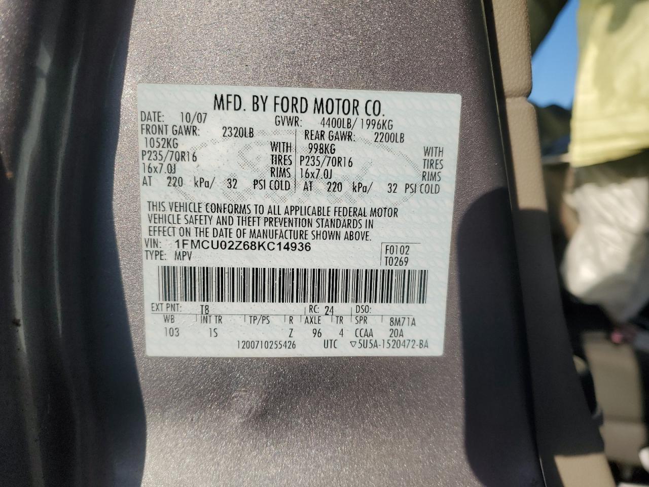 2008 Ford Escape Xls VIN: 1FMCU02Z68KC14936 Lot: 84967255