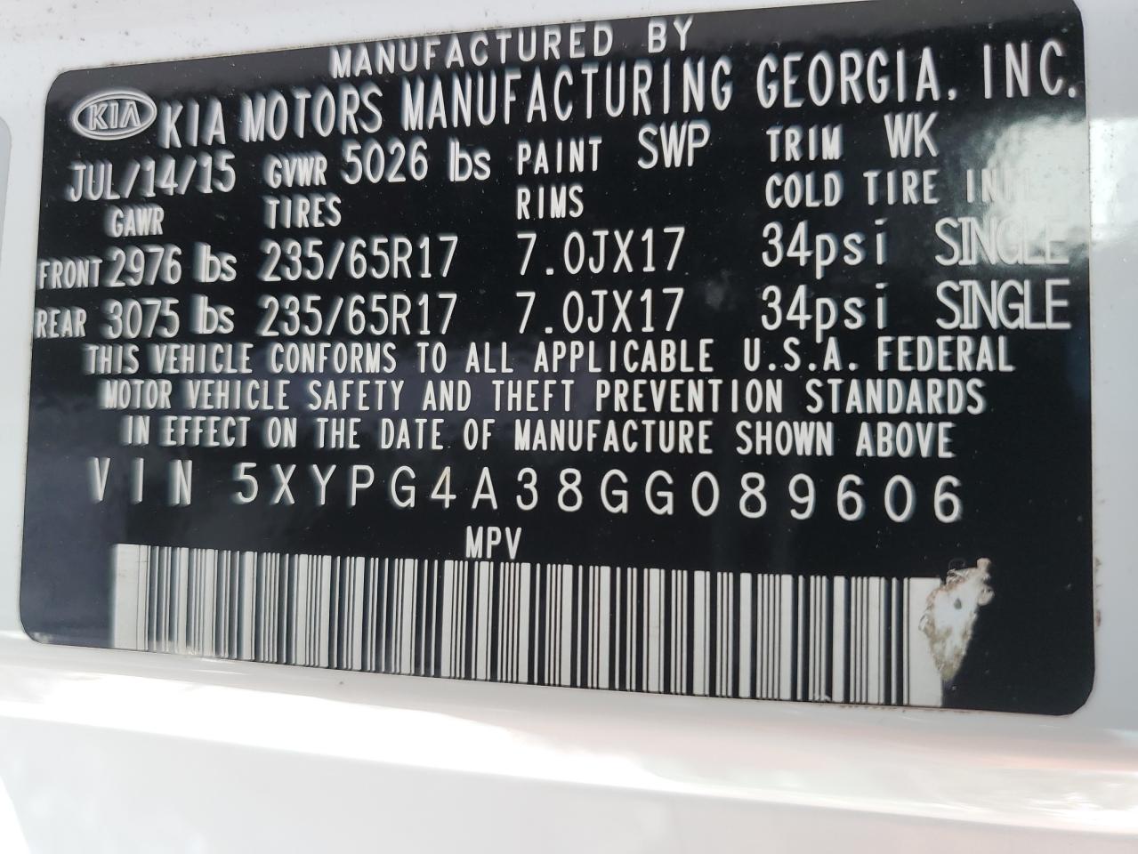 2016 Kia Sorento Lx VIN: 5XYPG4A38GG089606 Lot: 82364735