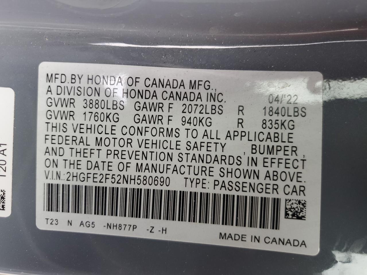 2022 Honda Civic Sport VIN: 2HGFE2F52NH580690 Lot: 82430975