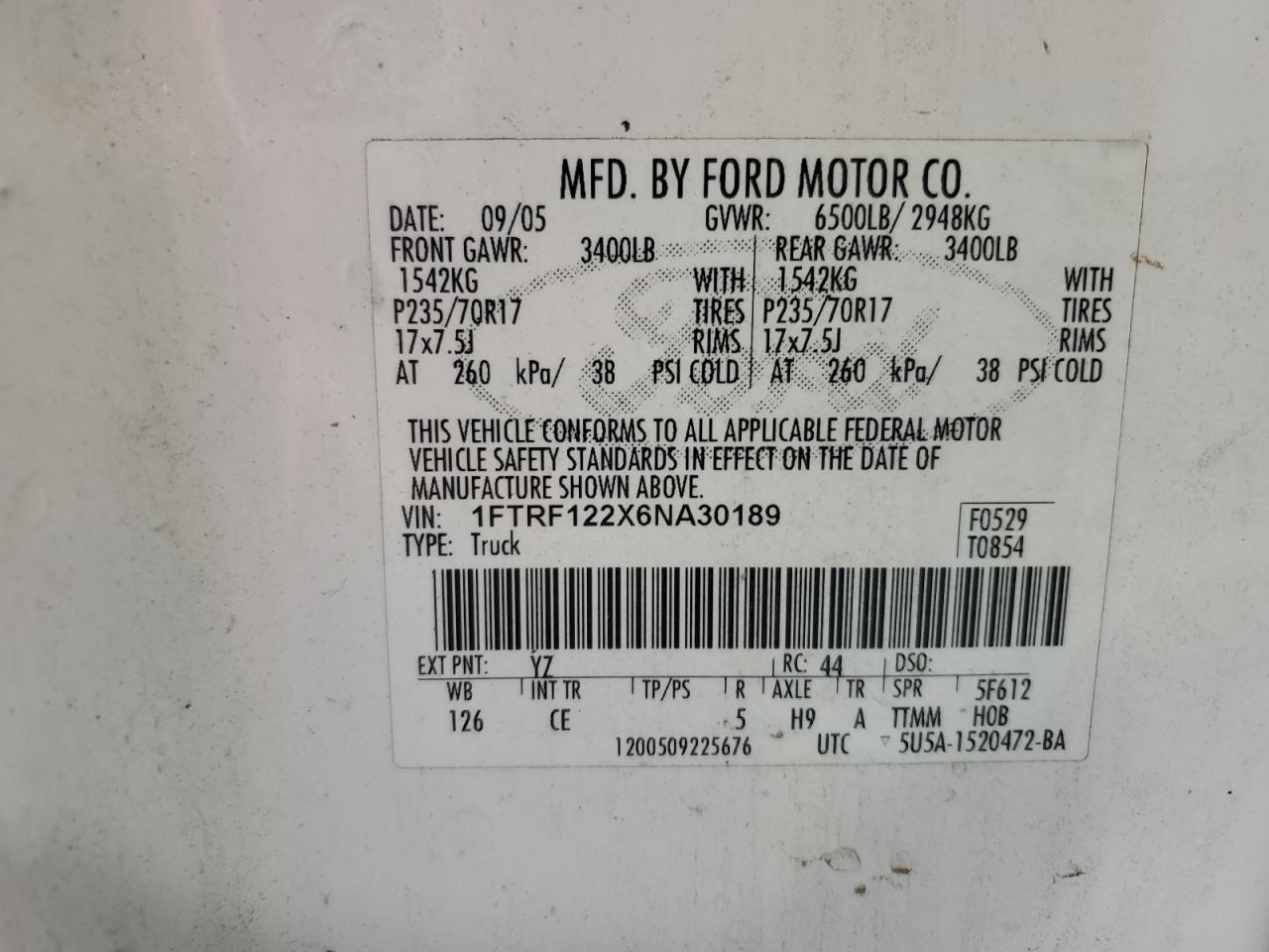 2006 Ford F150 VIN: 1FTRF122X6NA30189 Lot: 82623065